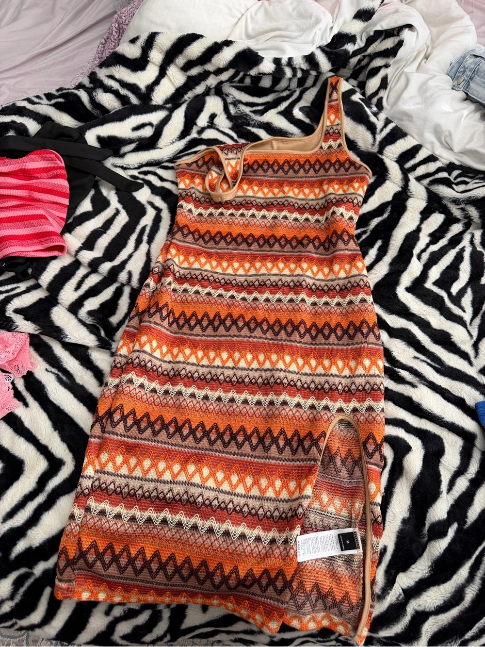 One-Shoulder Orange Aztec Knit Dress with slit